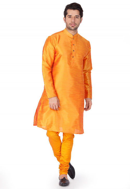 Solid Color Dupion Silk Kurta Set in Orange