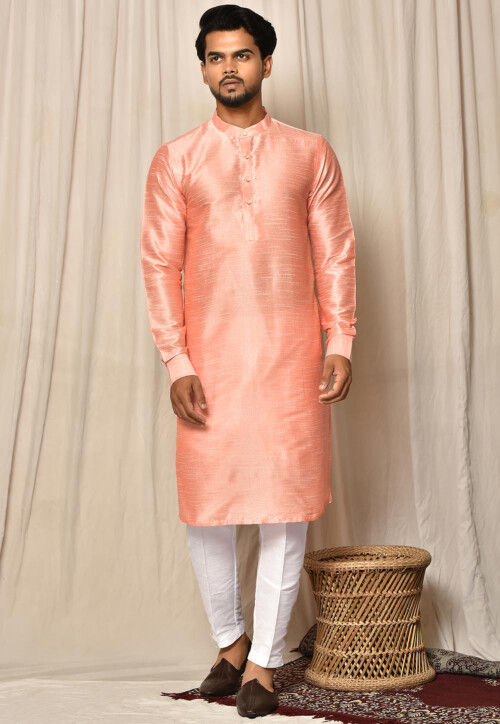 Solid Color Dupion Silk Kurta Set in Peach