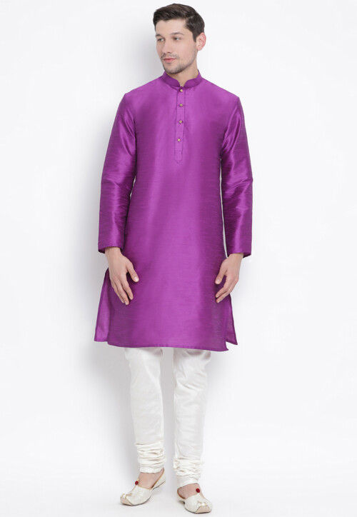 Solid Color Dupion Silk Kurta Set in Purple