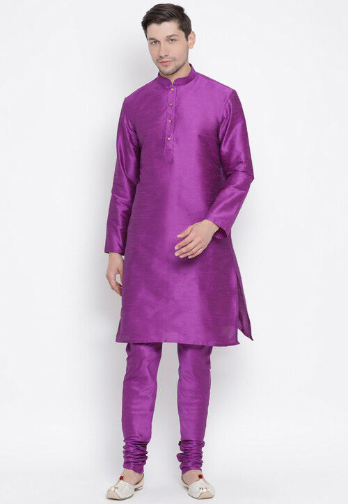 Solid Color Dupion Silk Kurta Set in Purple