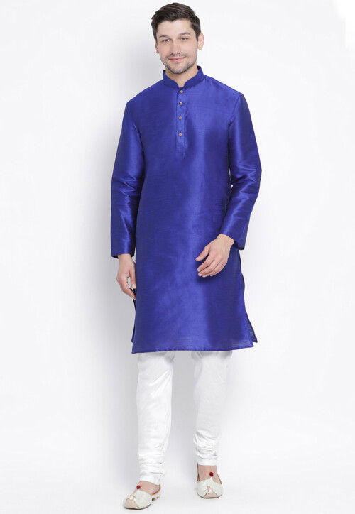 Solid Color Dupion Silk Kurta Set in Royal Blue