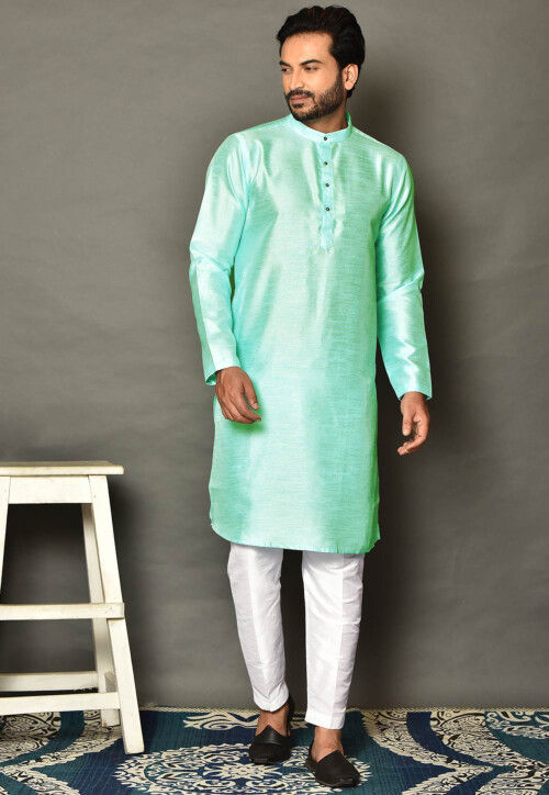 Solid Color Dupion Silk Kurta Set in Sea Green