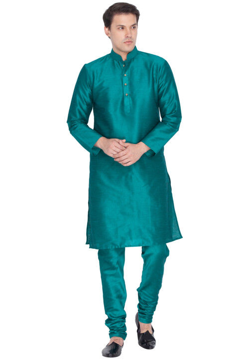 Solid Color Dupion Silk Kurta Set in Teal Green