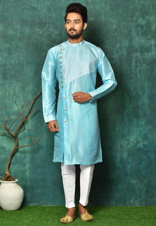 Solid Color Dupion Silk Kurta Set in Turquoise