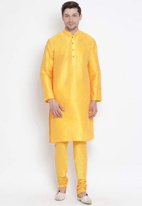 Solid Color Dupion Silk Kurta Set in Yellow