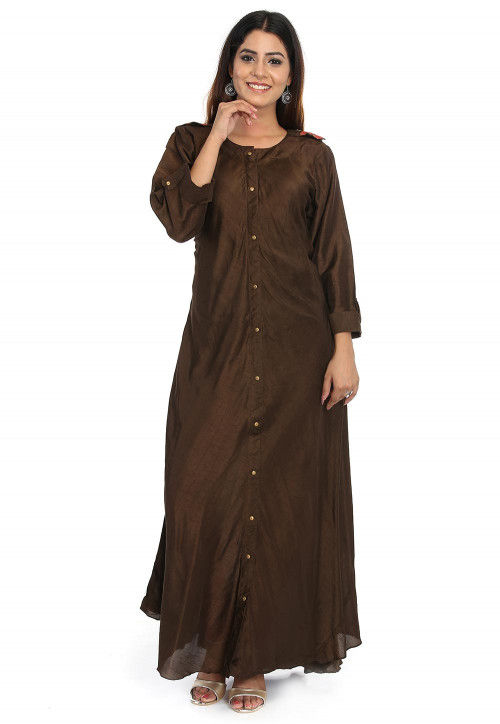 Solid Color Dupion Silk Long Kurta in Dark Brown