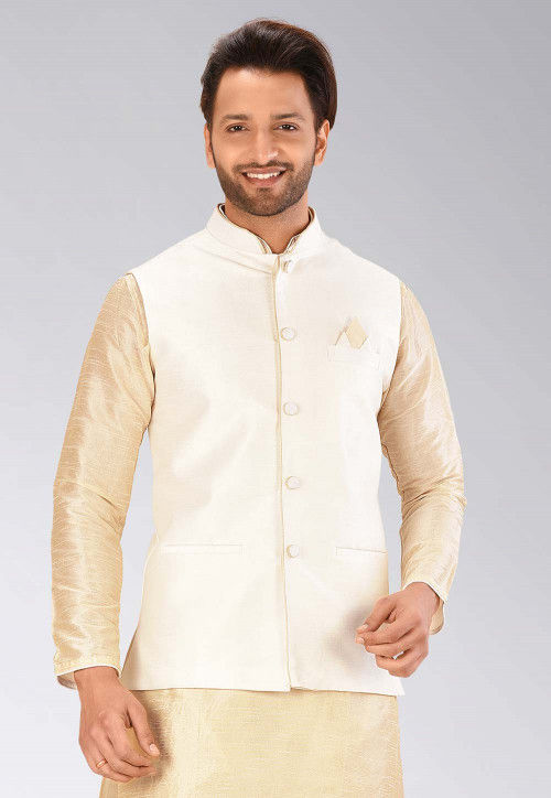 Buy Off White Nehru Jacket And Kurta Set In Linen Silk With Resham And  Sequins Embroidered Moroccan Jaal