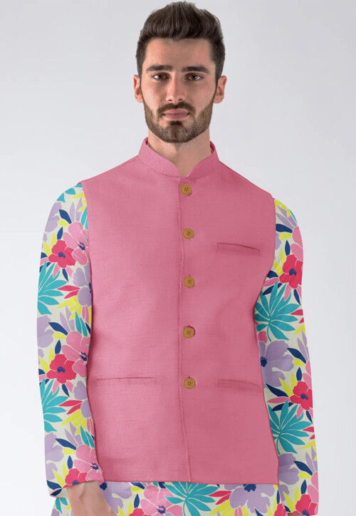 Solid Color Dupion Silk Nehru Jacket in Light Pink