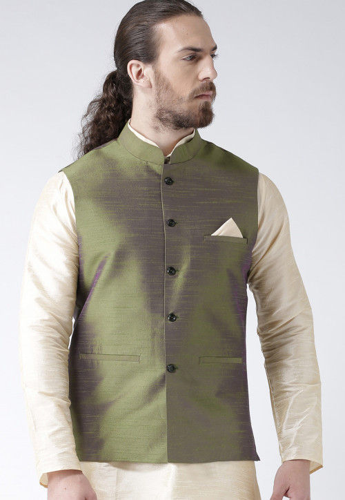Solid Color Dupion Silk Nehru Jacket in Olive Green