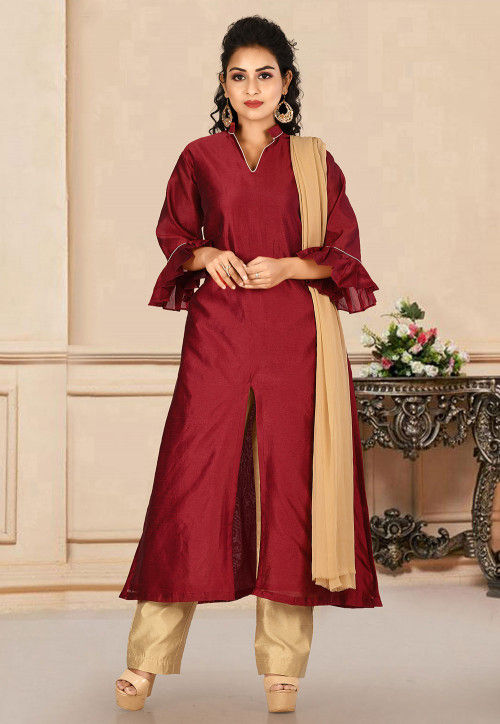 Solid Color Dupion Silk Pakistani Suit in Maroon