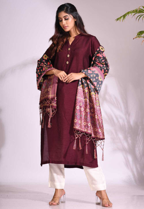 Solid Color Dupion Silk Pakistani Suit in Wine