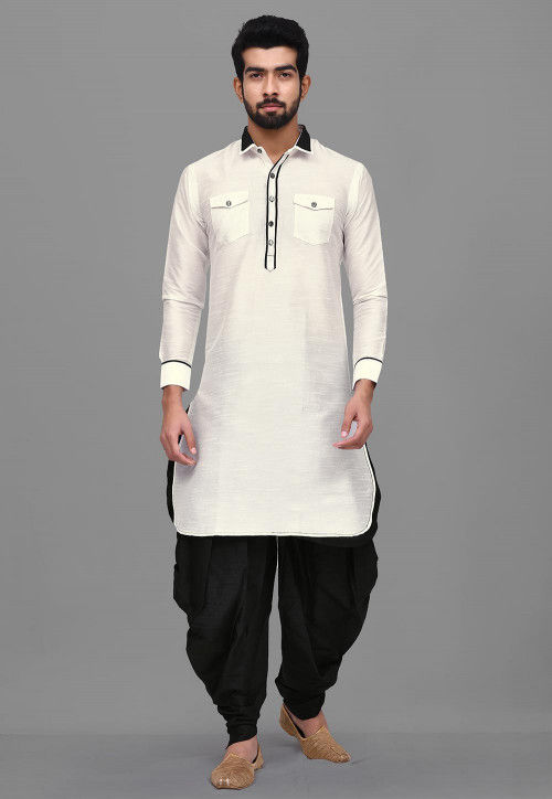 Solid Color Dupion Silk Pathani Suit in White