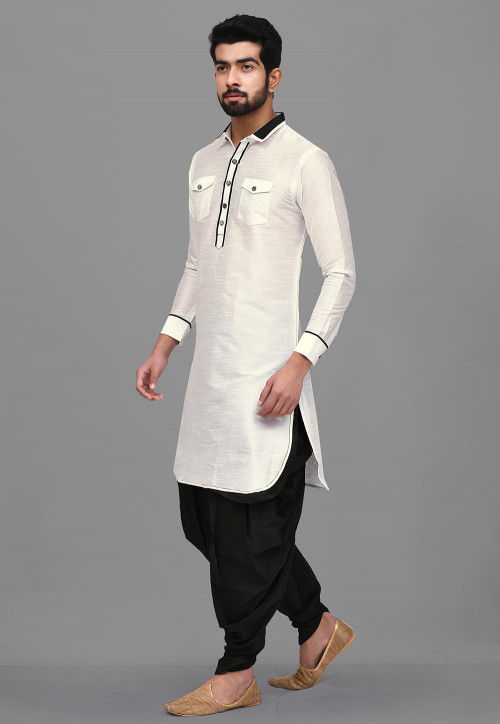 Solid Color Dupion Silk Pathani Suit in White