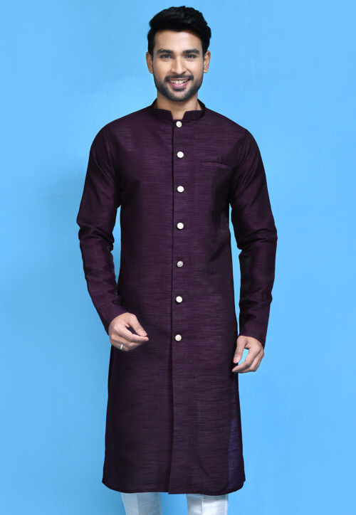 Solid Color Dupion Silk Sherwani in Purple