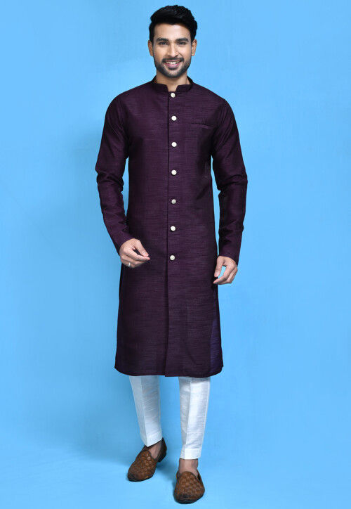Solid Color Dupion Silk Sherwani in Purple
