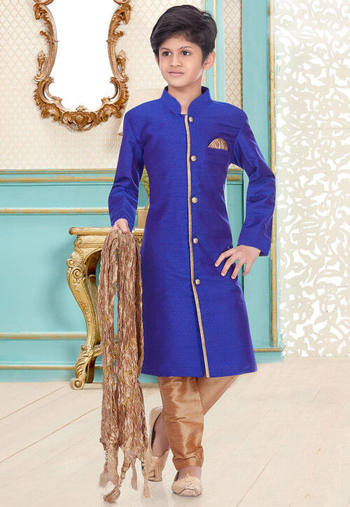 Solid Color Dupion Silk Sherwani in Royal Blue