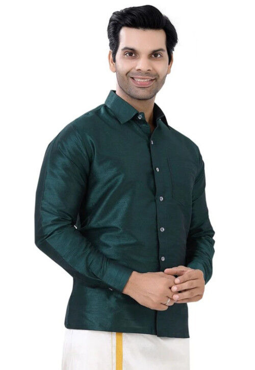Buy Solid Color Dupion Silk Shirt in Dark Teal Green Online : MVE3716 -  Utsav Fashion
