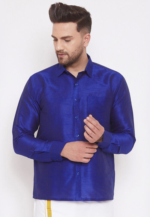 Solid Color Dupion Silk Shirt in Royal Blue