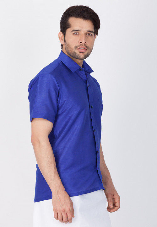 mens navy blue silk shirt