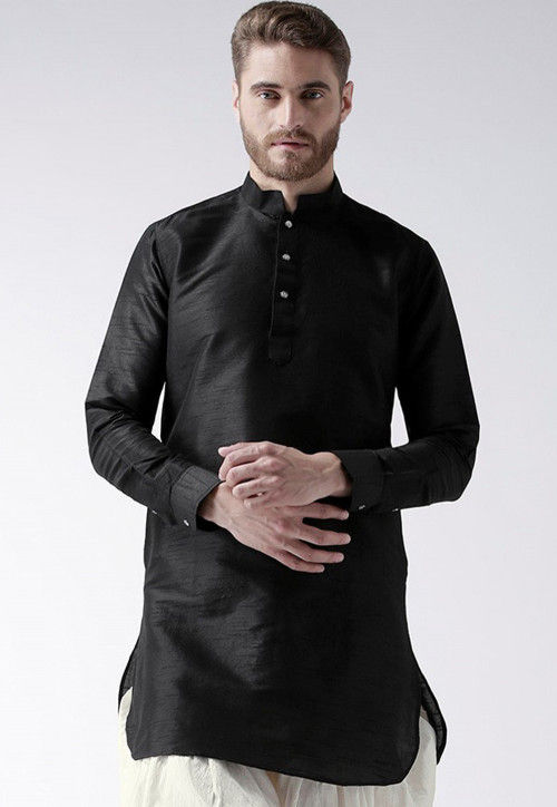 Solid Color Dupion Silk Short Kurta in Black