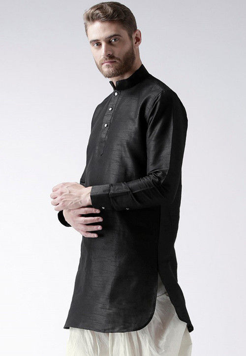 Solid Color Dupion Silk Short Kurta in Black