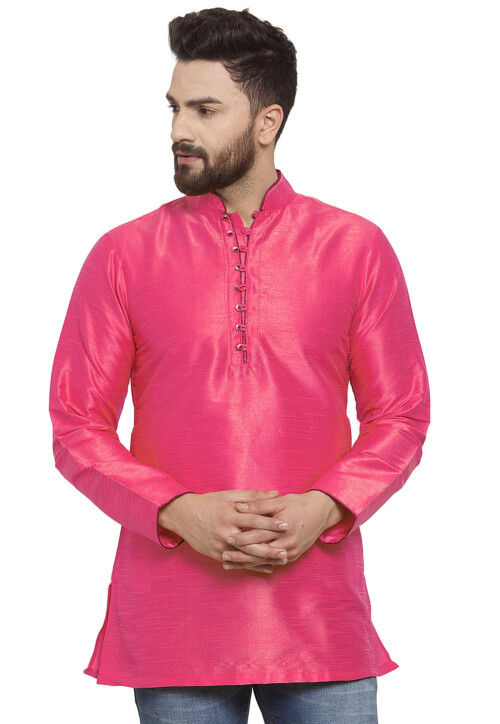 Solid Color Dupion Silk Short Kurta in Pink