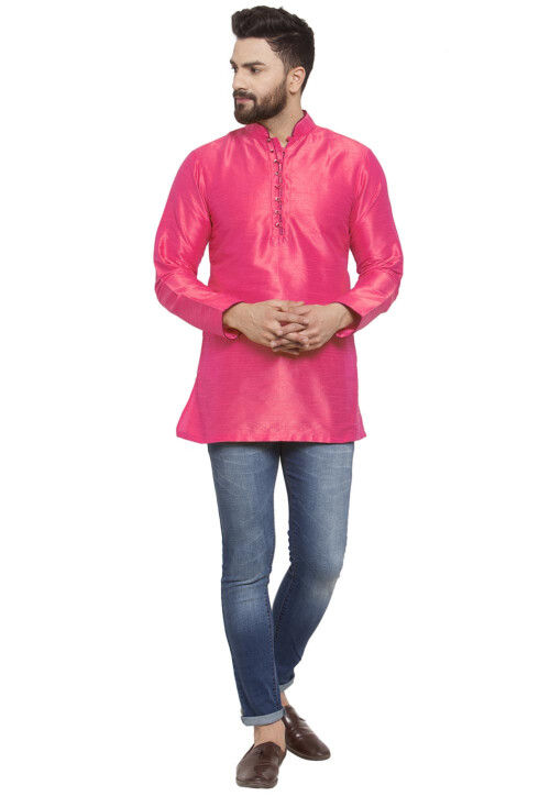 Solid Color Dupion Silk Short Kurta in Pink