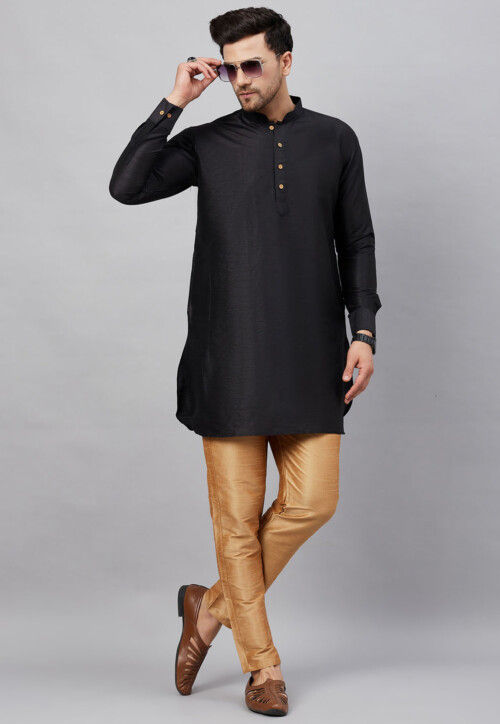 Solid Color Dupion Silk Short Kurta Set in Black