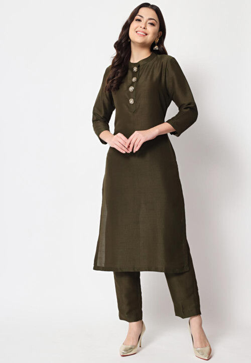 Solid Color Dupion Silk Straight Kurta Set in Dark Olive Green