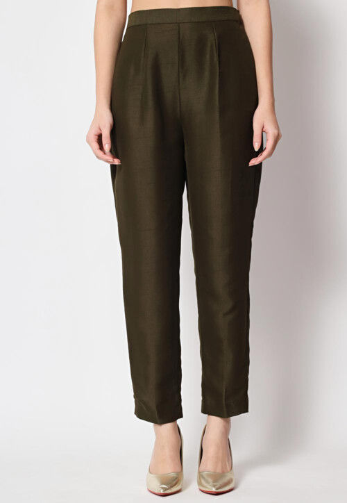 Solid Color Dupion Silk Straight Kurta Set in Dark Olive Green