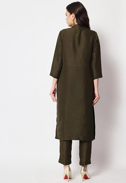 Solid Color Dupion Silk Straight Kurta Set in Dark Olive Green