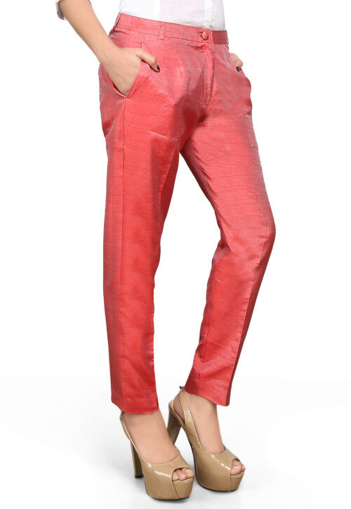 Solid Color Dupion Silk Straight Pant in Coral