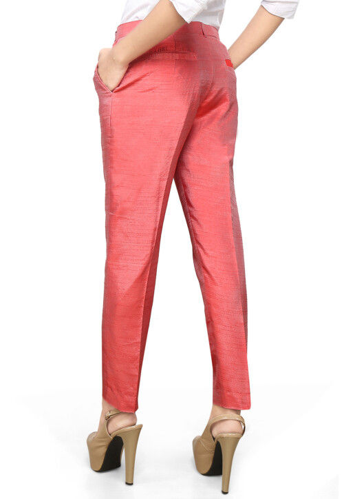 Solid Color Dupion Silk Straight Pant in Coral