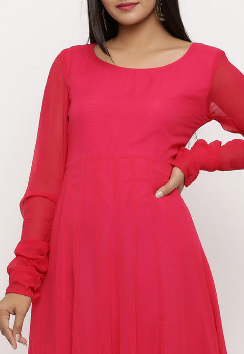 Fuchsia Pink Color Georgette Fabric Neck Embroidered & Bandhani Printed Anarkali KurtI main image 1
