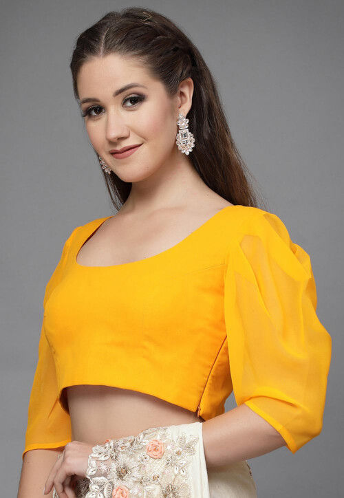 Buy Solid Color Georgette Back Cut Out Blouse in Mustard Online ...