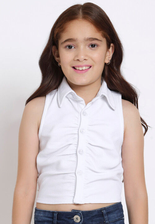 Solid Color Georgette Lycra (Elastane) Shirt Style Crop Top in White