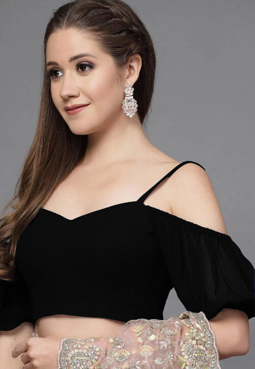 Solid Color Georgette Off Shoulder Blouse in Black