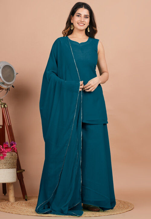 Solid Color Georgette Pakistani Suit in Teal Blue