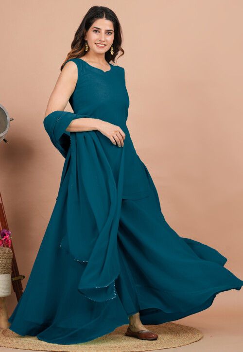 Solid Color Georgette Pakistani Suit in Teal Blue