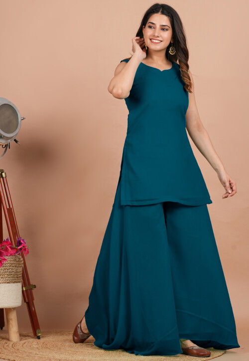 Solid Color Georgette Pakistani Suit in Teal Blue