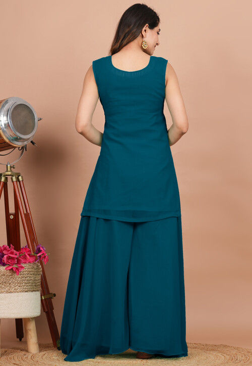 Solid Color Georgette Pakistani Suit in Teal Blue