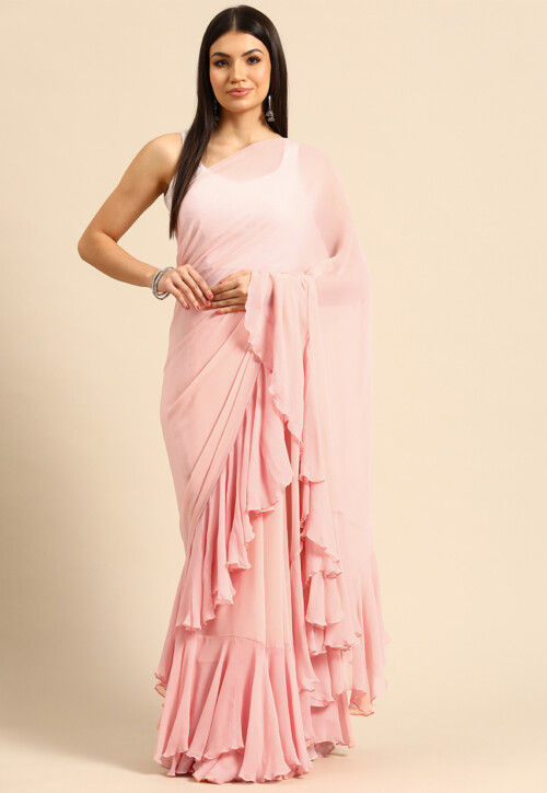Solid Color Georgette Saree in Baby Pink