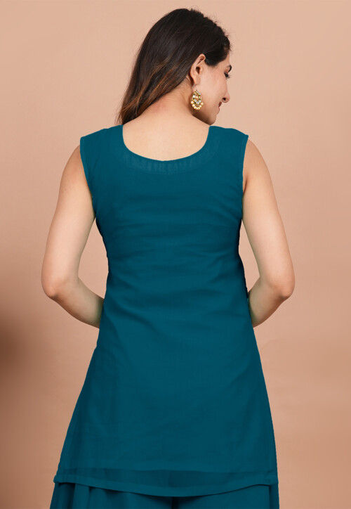 Solid Color Georgette Straight Kurta in Teal Blue