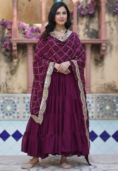 Solid Color Georgette Tiered Abaya Style Suit in Wine