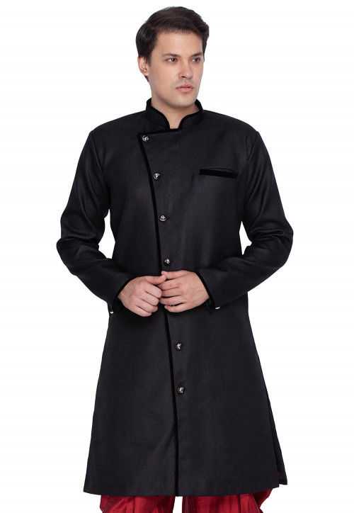 Solid Color Jute Cotton Sherwani in Black