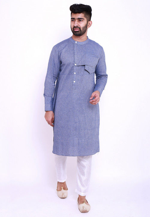 Solid Color Linen Cotton Kurta in Blue