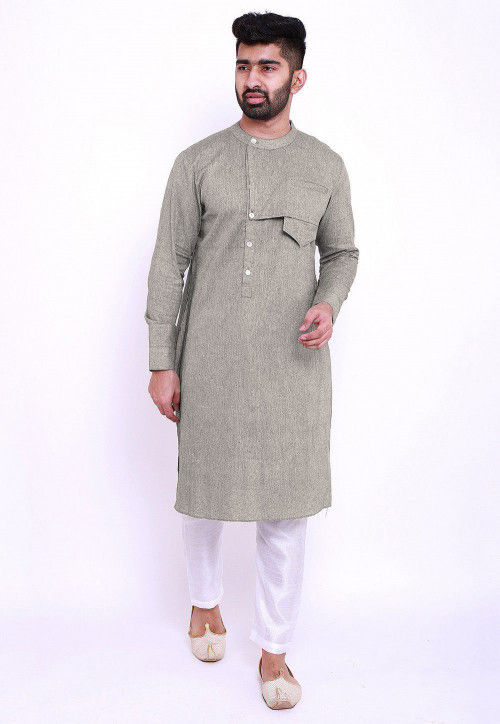 Solid Color Linen Cotton Kurta in Light Grey