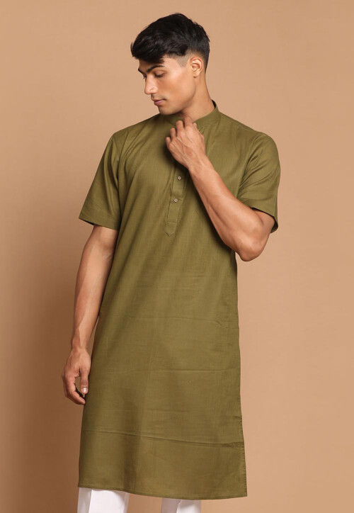 Solid Color Linen Cotton Kurta in Olive Green