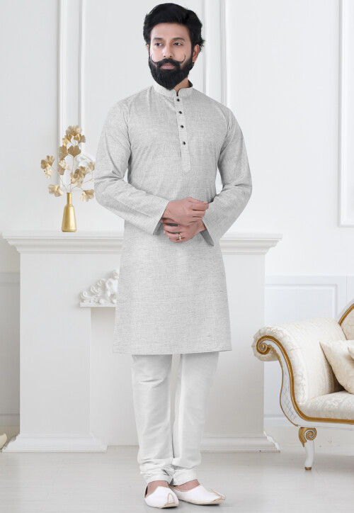 Buy Solid Color Linen Kurta Set in Light Grey Online MUY615