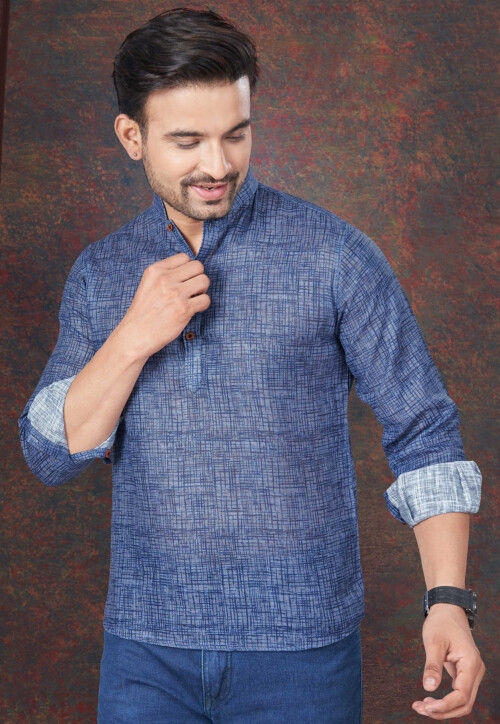 Solid Color Linen Short Kurta in Blue